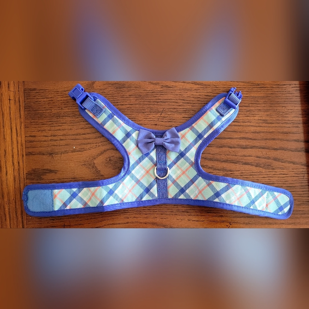 Blue Plaid Dog Harness with Bow